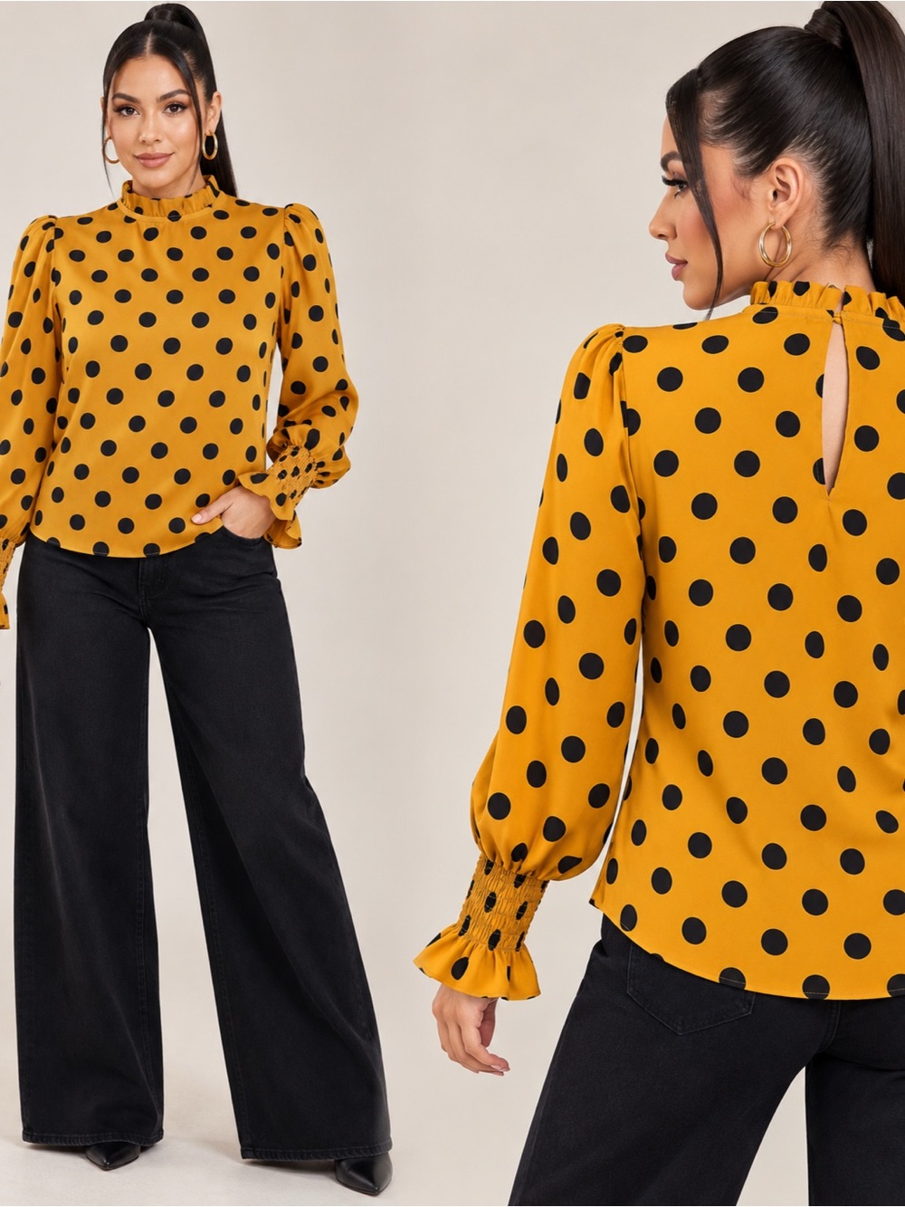 Haute Monde Mustard and Black Polka Dot Ruffle-Neck Blouse